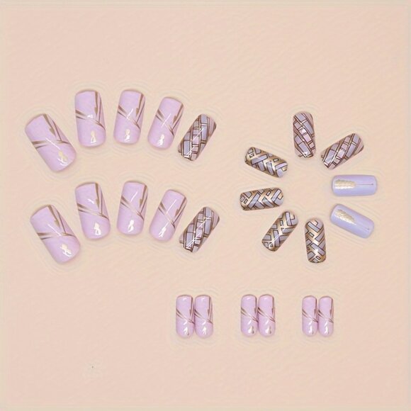 24pcs Set of Glossy Purple Press-On Nails with Wheat Design - Long Square Shape - Picture 7 of 7